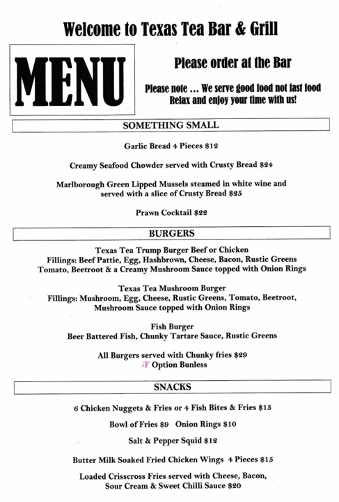 Texas Tea Bar & Grill Menu